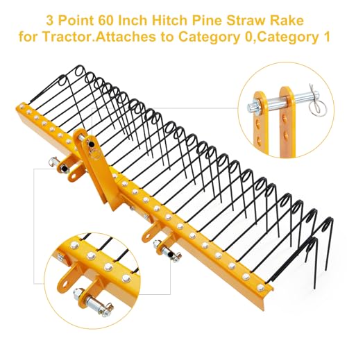 Garvee 60 Inch Pine Straw Needle Rake,26 Coil Spring Tines Pine Needles Rakes, Durable Powder Coated Steel Landscape Rake Attaches to Cat 0 Cat 1, 3 Point Hitch Receiver Attachment - Black+Yellow