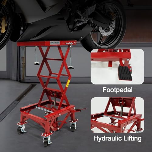 Garvee 300 LBS Hydraulic Motorcycle Lift Jack, 300 LBS ATV Scissor Lift Jack for Motorcycles - With Wheels