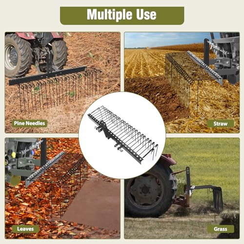 Garvee 72 Inch Pine Straw Rake, 30pcs 8mm Coil Spring Tines Durable Powder Coated Steel Tow Behind Landscape Rake with 3 Point Hitch Receiver Attachment Fit to Cat0 Cat 1 Tractors for Leaves Grass, Black