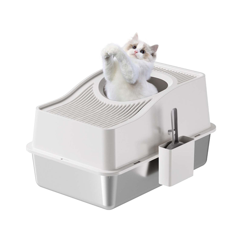 Garvee Stainless Steel Cat Litter Box Fully Enclosed Top-Entry Large Cat Toilet White 60x40x39.5cm