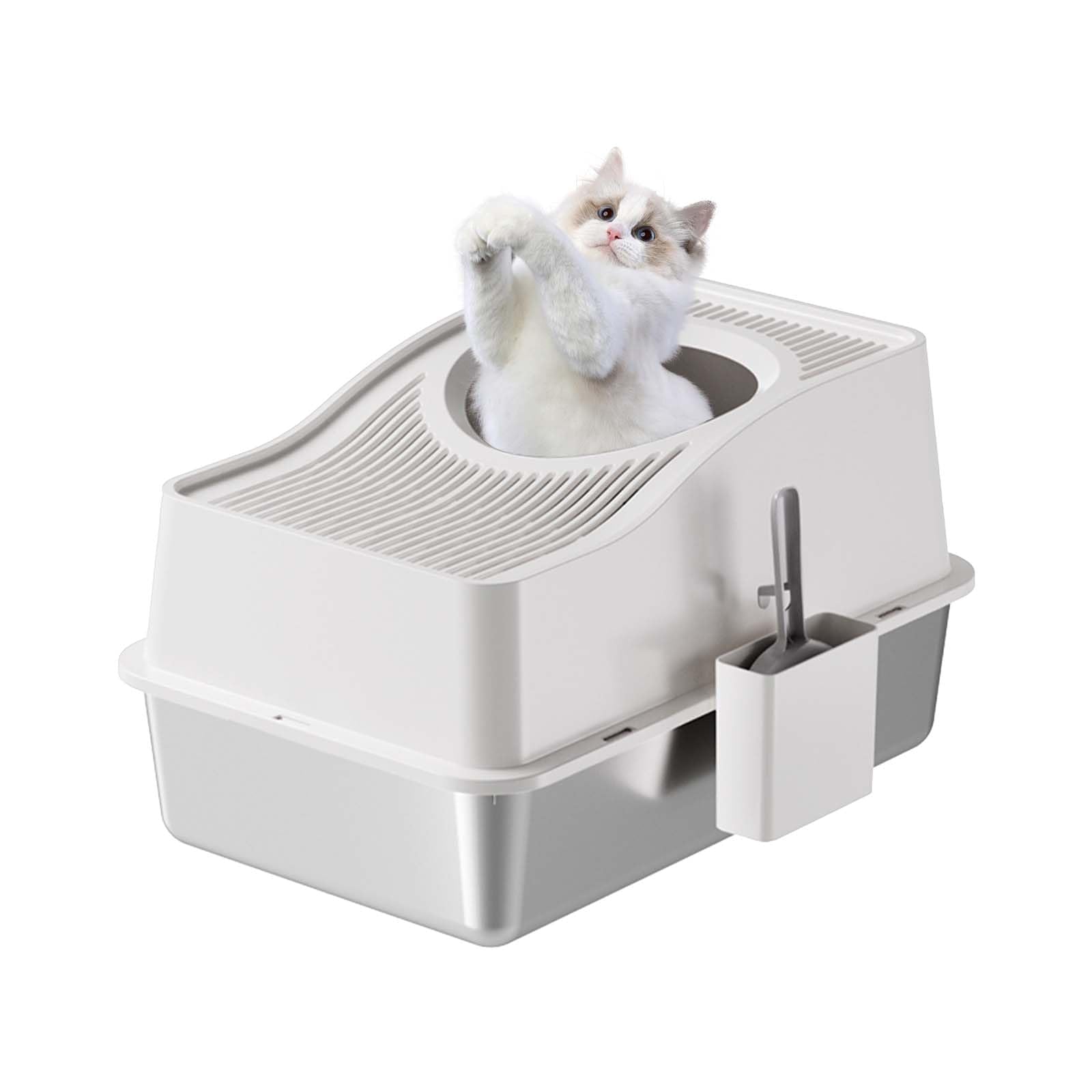 Garvee Stainless Steel Cat Litter Box Fully Enclosed Top-Entry Large Cat Toilet White 60x40x39.5cm