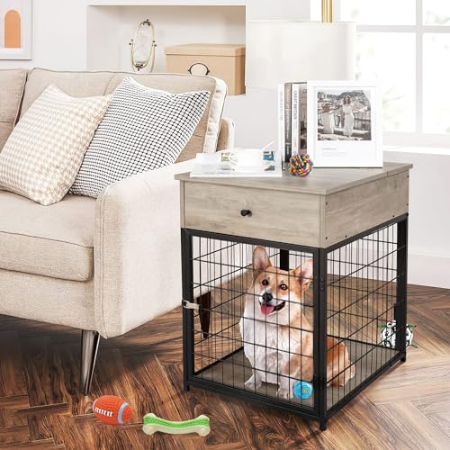 Garvee Dog Crate Furniture, 27" Dog Kennel, Dog House Indoor Use, Chew-Proof, Flip Top Storage, Wooden Dog Cage Sides Gray