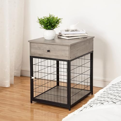 Garvee Dog Crate Furniture, 27" Dog Kennel, Dog House Indoor Use, Chew-Proof, Flip Top Storage, Wooden Dog Cage Sides Gray