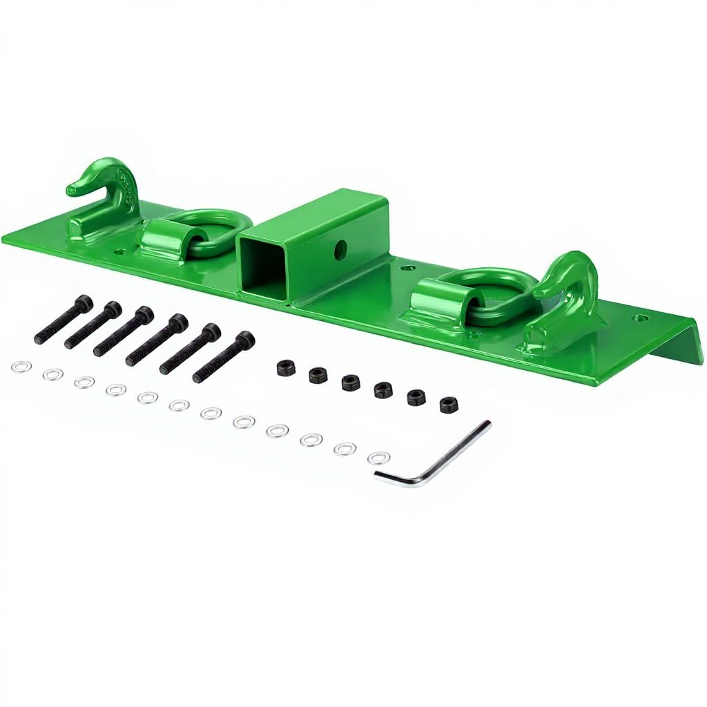 Garvee Heavy Duty Bolt-On Tractor Bucket Grab Hooks with Built-in 2-Inch Receiver and Forged D-Rings – 4,700 lbs Capacity Towing Attachment for John Deere Compact Tractors (22" L x 4.96" W, Green)