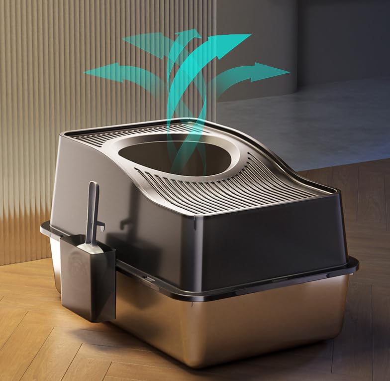 Garvee Stainless Steel Cat Litter Box with Hollow Lid and Heightened Lid Anti-Splashing, Top-Entry Deodorizing Large Cat Toilet, Grey, 60x40x39.5cm, Basin 20cm High