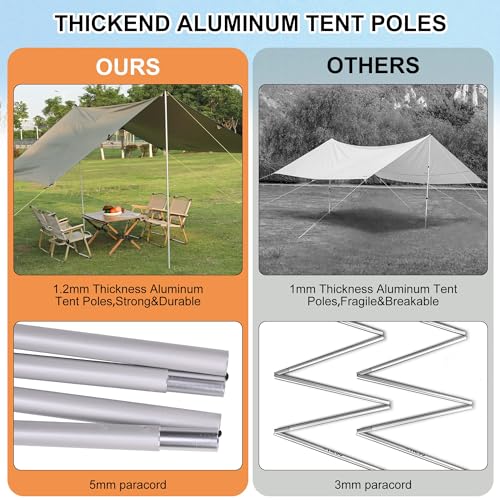 Garvee Camping Tarp, Hammock Rain Fly Camping Tarp Waterproof with 2 Aluminum Poles, Lightweight Backpack Tent tarp for Traveling, Green - 13X9FT
