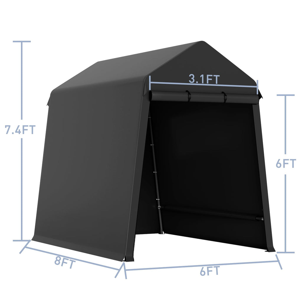 Garvee 6X8FT Heavy Duty Outdoor Shed,Portable Storage Shed,with 2 Rolled Up Zipper Doors,Vents Carports & Waterproof Cover Temporary Shelter for Motorcycle,Gardening Tools and Generator(black)