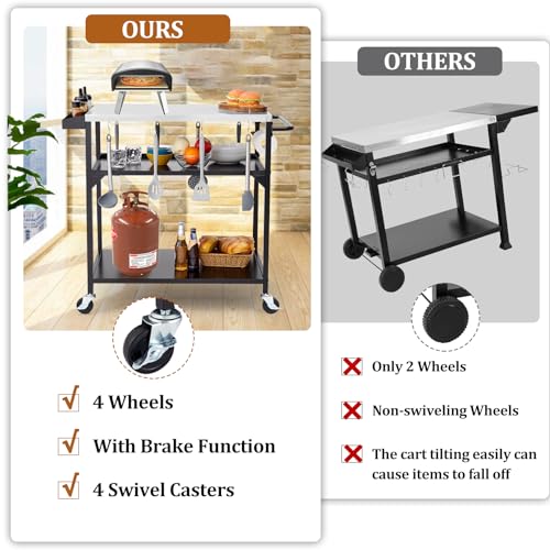Garvee Outdoor Grill Table Cart Stainless Steel 4 Wheels Brakes Movable Prep Table Side Storage Rack Handle BBQ