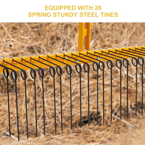Garvee 60 Inch Pine Straw Needle Rake,26 Coil Spring Tines Pine Needles Rakes, Durable Powder Coated Steel Landscape Rake Attaches to Cat 0 Cat 1, 3 Point Hitch Receiver Attachment - Black+Yellow