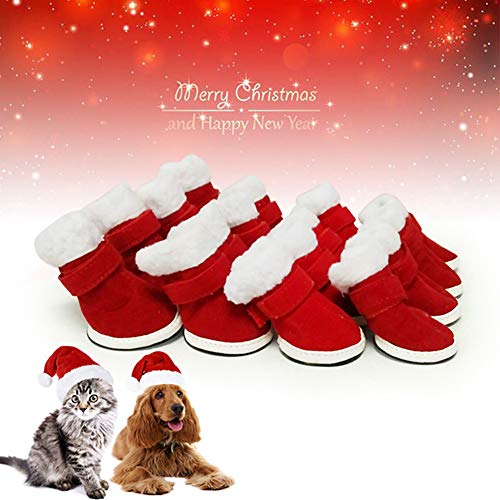Garvee 4Pcs/Set pet Shoes for Dogs, Christmas Winter Warm Red Nonslip Magic Sticker Boots Shoes for Dog red 3.8CM*2.8CM