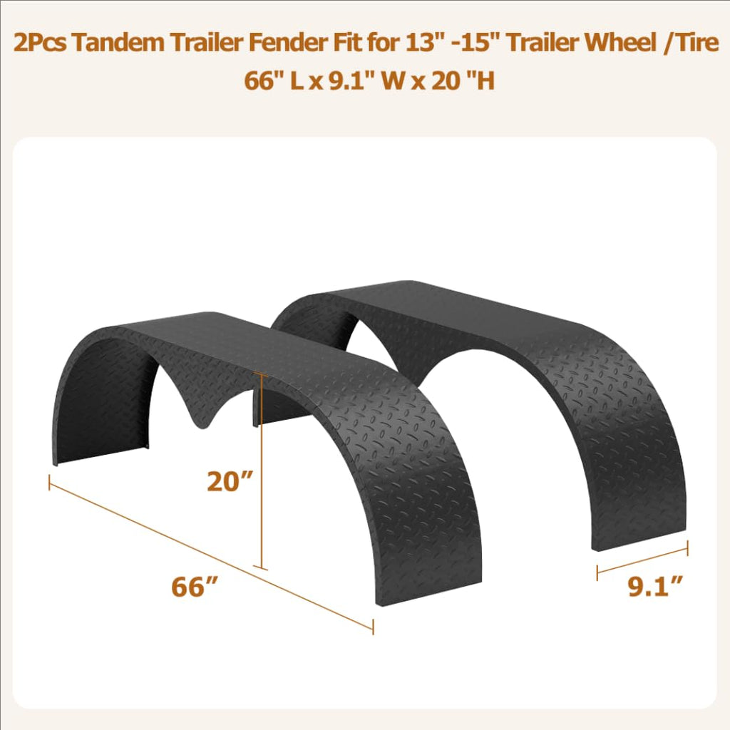 Garvee Tandem Trailer Fenders Double Axle Fit for 13-15 Inch Wheels, 66" x 9.1" x 20", Heavy Duty Steel, Black