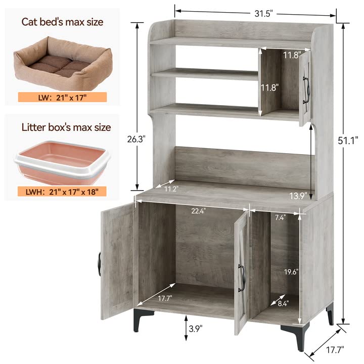 Garvee Cat Litter Box Enclosure, Modern Hidden Cat Litter Box Furniture with 4-Tier Storage Shelves, 2 Cabinets, Cat Litter Mat, Large Wood Indoor Cat House Furniture for Home, Grey