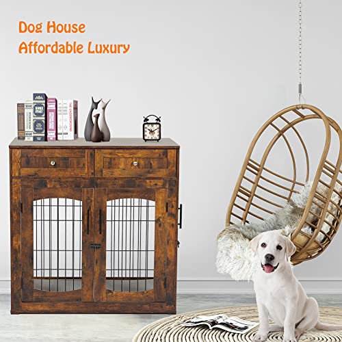 Garvee Dog Crate Furniture with Cushion,Wooden Dog Kennels Indoor with 2 Drawers,Dog Furniture Crate End Table with Storage