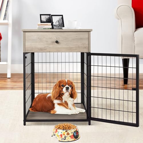 Garvee Dog Crate Furniture, 27" Dog Kennel, Dog House Indoor Use, Chew-Proof, Flip Top Storage, Wooden Dog Cage Sides Gray