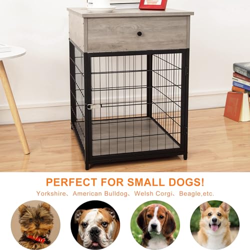 Garvee Dog Crate Furniture, 27" Dog Kennel, Dog House Indoor Use, Chew-Proof, Flip Top Storage, Wooden Dog Cage Sides Gray