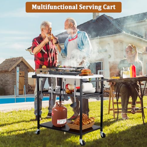 Garvee Outdoor Grill Table Cart Stainless Steel 4 Wheels Brakes Movable Prep Table Side Storage Rack Handle BBQ