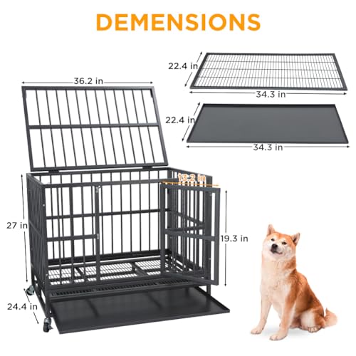 Garvee 36 inch Heavy Duty Indestructible Dog Crate Steel Escape Proof,Indoor Dog House High Anxiety Cage, Kennel with Wheels,Removable Tray