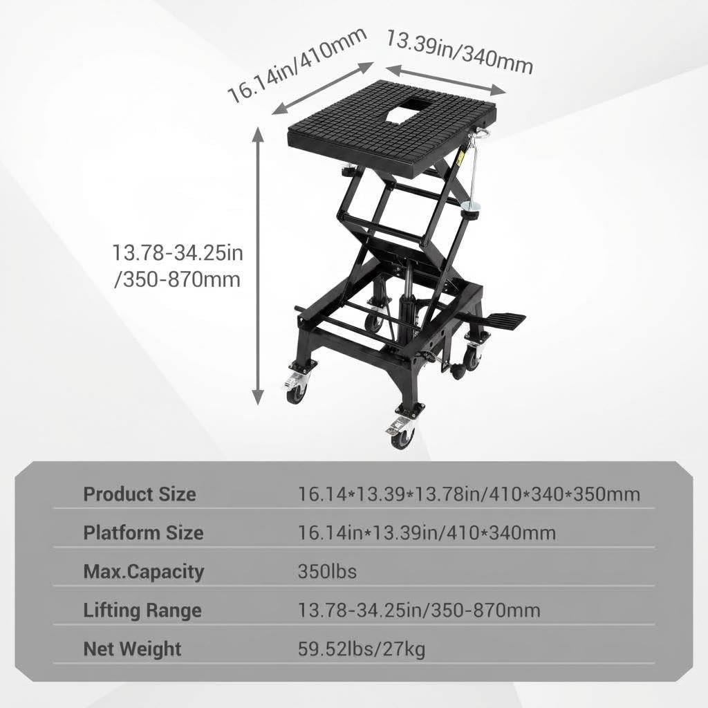Garvee Hydraulic Motorcycle ATV Lift Jack 350LBS Foot-Pump Scissor Lift Table for Dirt Bikes Adjustable 13.78-34.25 Inches Black