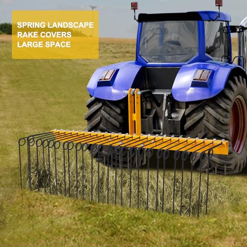 Garvee 60 Inch Pine Straw Needle Rake,26 Coil Spring Tines Pine Needles Rakes, Durable Powder Coated Steel Landscape Rake Attaches to Cat 0 Cat 1, 3 Point Hitch Receiver Attachment - Black+Yellow
