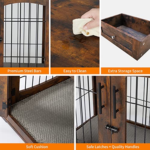 Garvee Dog Crate Furniture with Cushion,Wooden Dog Kennels Indoor with 2 Drawers,Dog Furniture Crate End Table with Storage