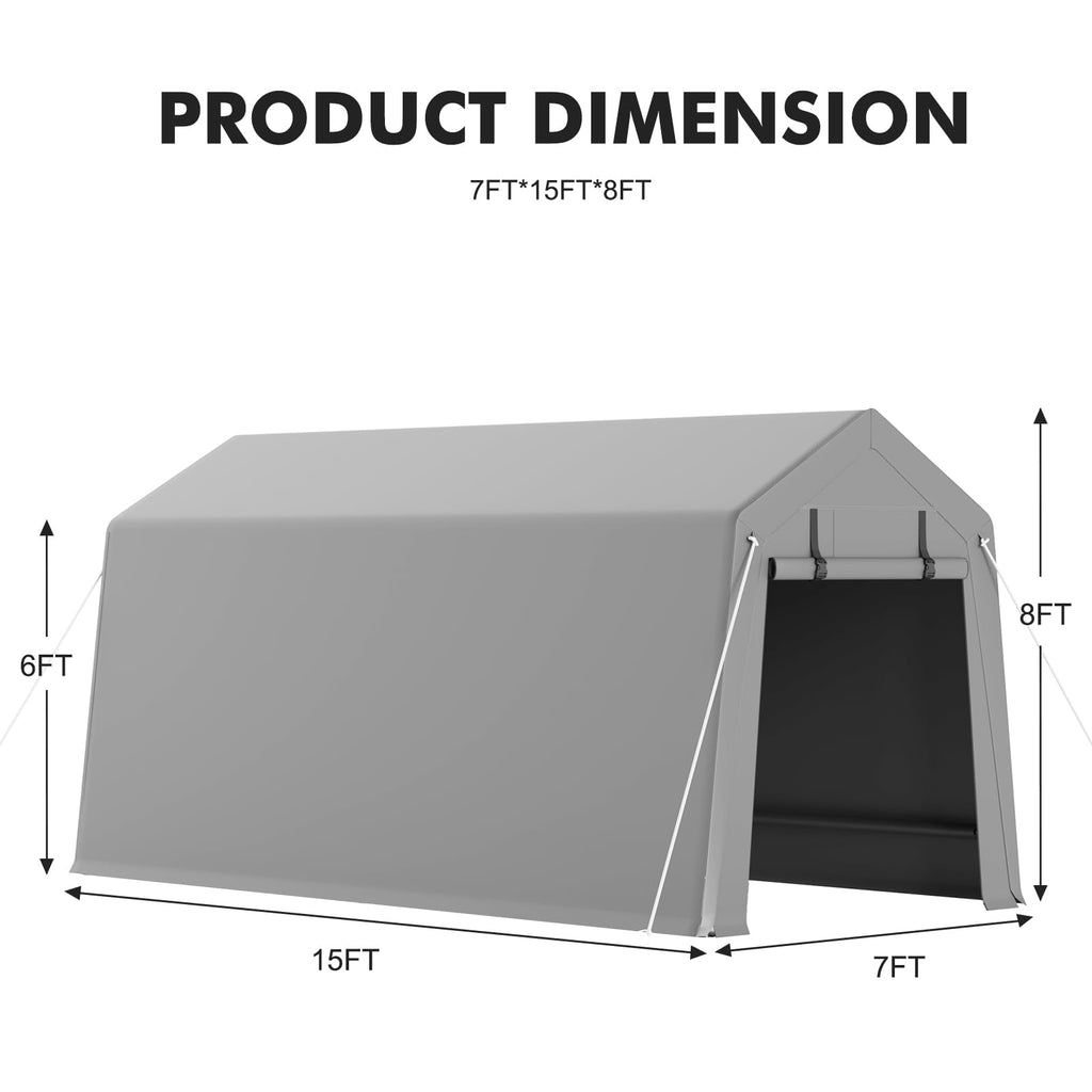 Garvee 7x15 FT Motorcycle Storage Sheds, Portable Carport with Rolled up Zipper Door , Waterproof , Storage Tent Heavy Duty for Motorcycle , Bike , Firewood , Garden Tools , Grey