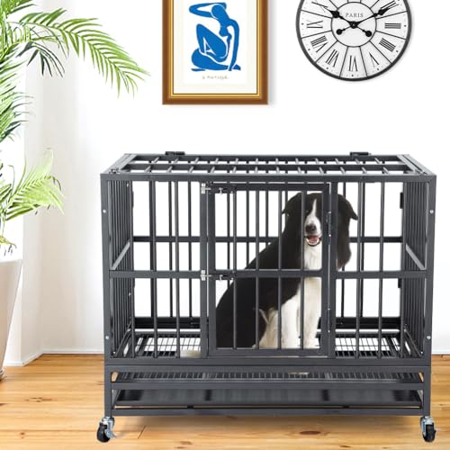 Garvee 36 inch Heavy Duty Indestructible Dog Crate Steel Escape Proof,Indoor Dog House High Anxiety Cage, Kennel with Wheels,Removable Tray