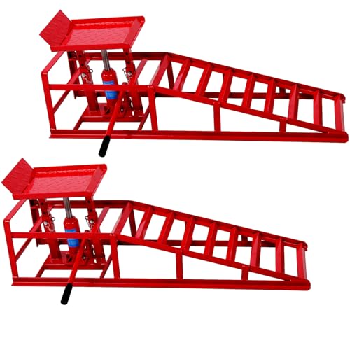 Garvee 2PCS Auto Car Truck Service Ramps Lifts,12000lbs(5T) Garage Car Lift Hydraulic Ramps,Portable Car Ramps for Oil Changes High Lift,Lift Repair Frame Lift Height Adjust 9.8"-15" (Red)