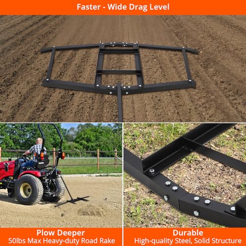 Garvee 74”Wide Drag Harrow, High Efficient Driveway Grader with Pin Hitch, Up to 50lbs, Heavy Duty Lawn Leveling Rake Pull Behind Lawn Tractor Rake for Sand, Soil, Farm, Garden