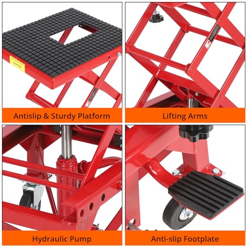 Garvee Hydraulic Motorcycle Lift Jack, 350LBS Capacity Scissor Lift Jack, Portable Motorcycle Lift Table with 4 Wheels, Foot-Operated Hoist Stand for Motorcycle, ATV Dirt Bike, Red