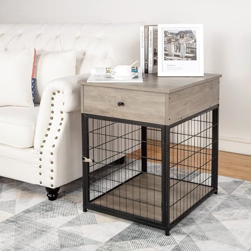 Garvee Dog Crate Furniture, 27" Dog Kennel, Dog House Indoor Use, Chew-Proof, Flip Top Storage, Wooden Dog Cage Sides Gray