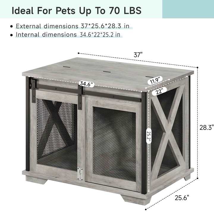 Garvee 37" Dog Crate Furniture Side End Table with Flip Top and Movable Divider, Wooden Dog Crate Table Large, Style Dog Kennel Side End Table, Gray