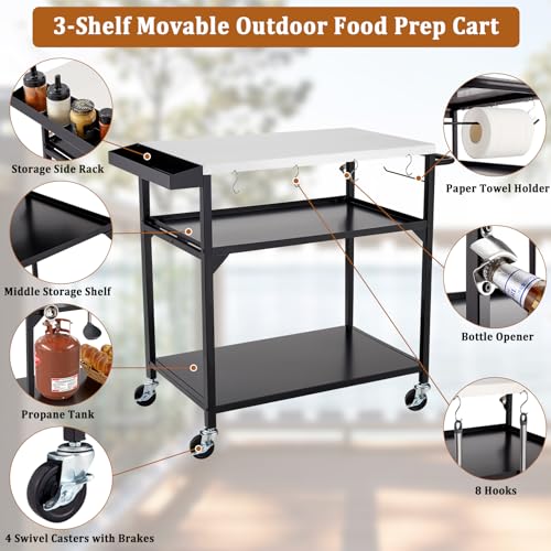 Garvee Outdoor Grill Table Cart Stainless Steel 4 Wheels Brakes Movable Prep Table Side Storage Rack Handle BBQ