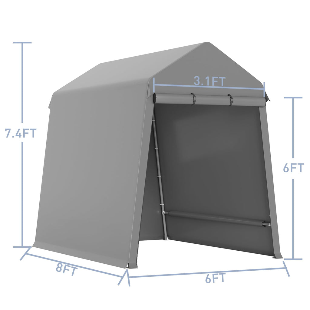 Garvee 6X8FT Heavy Duty Outdoor Shed,Portable Storage Shed,with 2 Rolled Up Zipper Doors,Vents Carports & Waterproof Cover Temporary Shelter for Motorcycle,Gardening Tools and Generator(Grey)