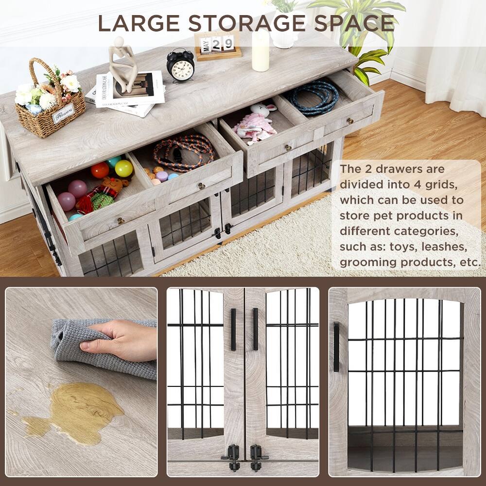 Garvee Dog Crate Furniture with Drawer, 5 Doors Wooden Dog Kennel End Table with Large Capacity Drawers,Dog House with Openable Divider for Small/Medium/Large Dog,Dog Cage,Side End Table Grey