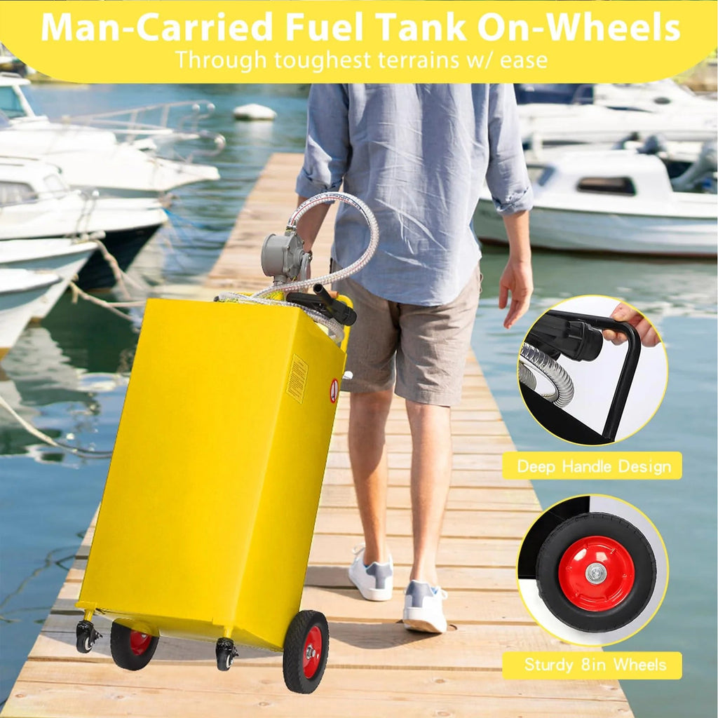 Garvee 35 Gal Fuel Caddy with Manual Pump, Heavy Duty Gasoline & Diesel Transfer Tank, Portable Spill-Proof Fuel Container for Boat, Truck, Lawn Mower, ATV, Garage & Farm, Yellow