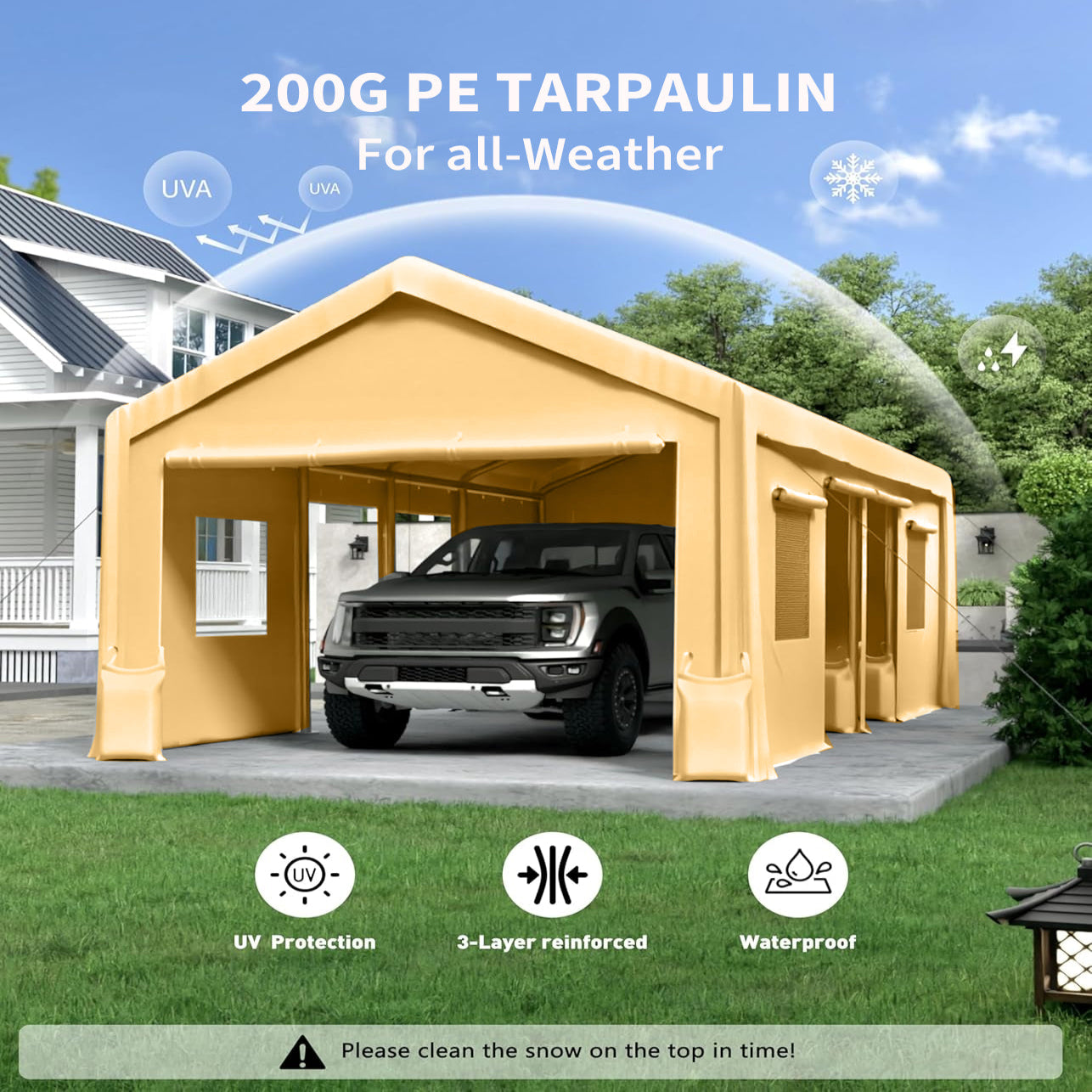 Garvee 10'x20' 200G Heavy-Duty Carport Replacement Cover - Waterproof & UV Protected Garage Tent Top Tarp (Top Cover Only, Frame Not Included), Yellow