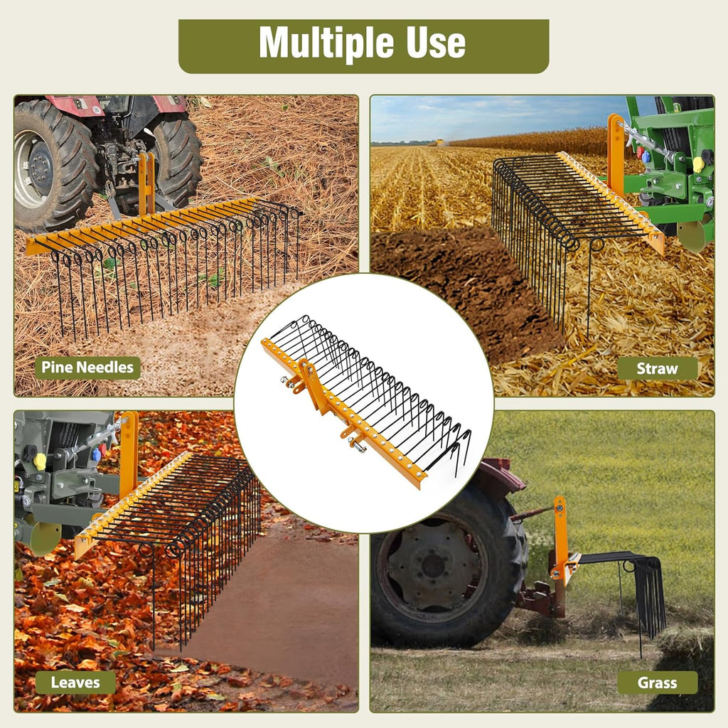 Garvee 60" Pine Straw Rake Updated Version - 8mm Tines, Steel Tow Behind for Cat 0 Cat 1 Tractors - Ideal for Leaves & Grass, Yellow