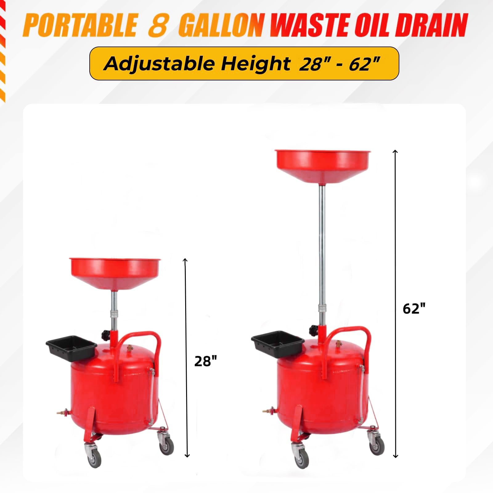 Garvee 8 Gal Portable Waste Oil Drain Change Tank, 15 in Funnel, Adjustable Height 28"-62", 360° Wheels with a Pair of Gloves, Built-in Toolbox for Auto Repair, Red