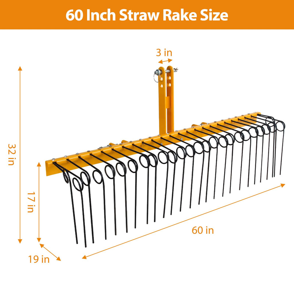 Garvee 60 Inch Pine Straw Rake - 26pcs 8mm Coil Spring Tines Durable Powder Coated Steel Tow Behind Landscape Rake with 3 Point Hitch Receiver Attachment Fit to Cat0 Cat 1 Tractors for Leaves Grass, Yellow