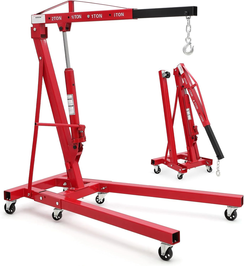 Garvee Cherry Picker Engine Hoist Folding Engine Crane 2 Ton 4400lb Heavy Duty Hydraulic Shop Crane With 6 Casters Telescopic Boom Hitch