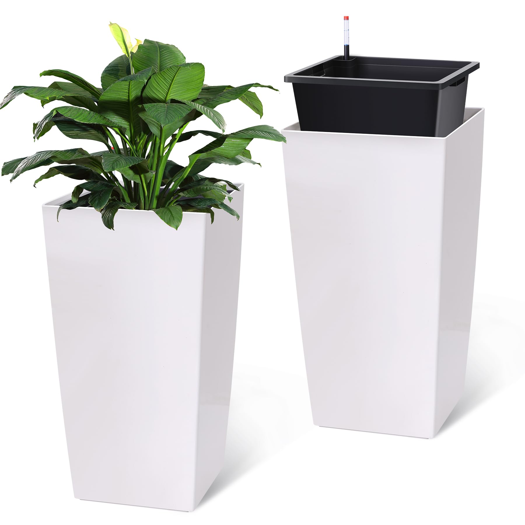 Garvee 30" Tall Planter Set of 2,Heavy Duty Tall Planter,High Front Porch Planter Pots with Drainage Holes＆Water Level Monitor＆Inner Bucket, Automatic Watering,Indoor/Outdoor Grande Plant,Tree,White…