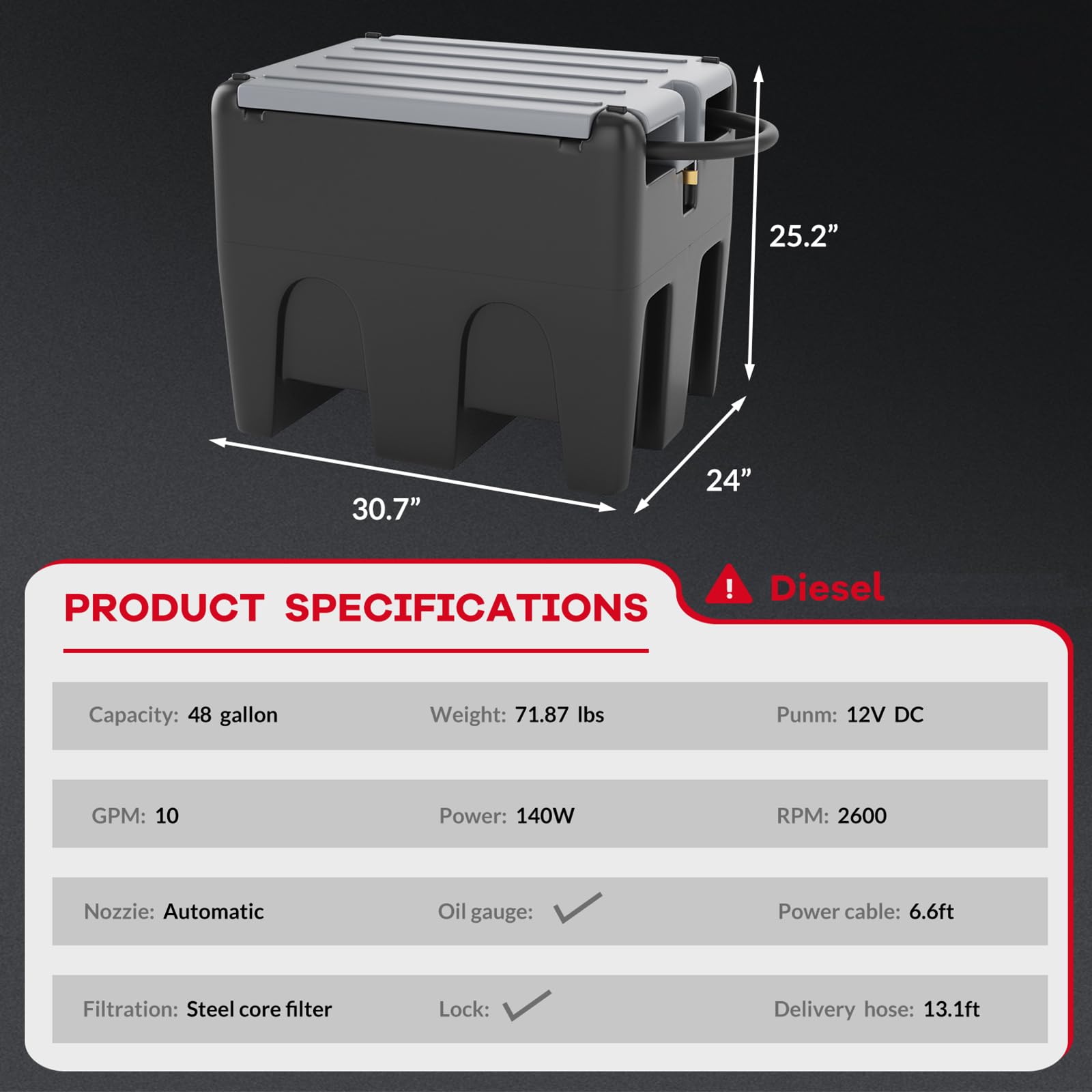Garvee 48 Gallon Portable Diesel Fuel Tank with 12V Electric Transfer Pump, High Flow Rate 10 GPM, Durable Black Tank for Easy Diesel Transportation