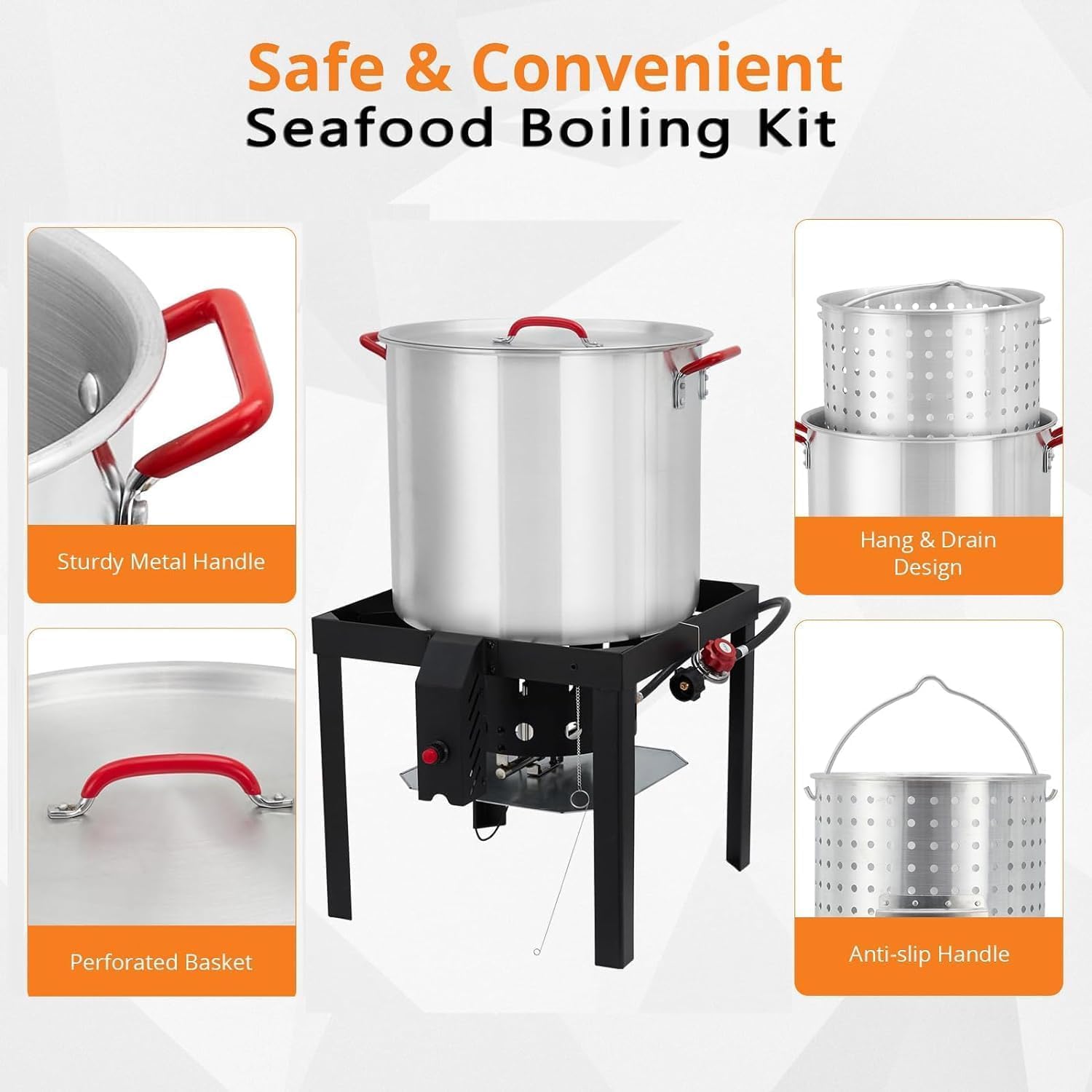 Garvee 80Qt Crawfish Boiler with Steam & Boil Basket, Strainer - 110,000 BTU Propane Jet Burner, Support Rack, Lifting Hook & 0-10 PSI Regulator