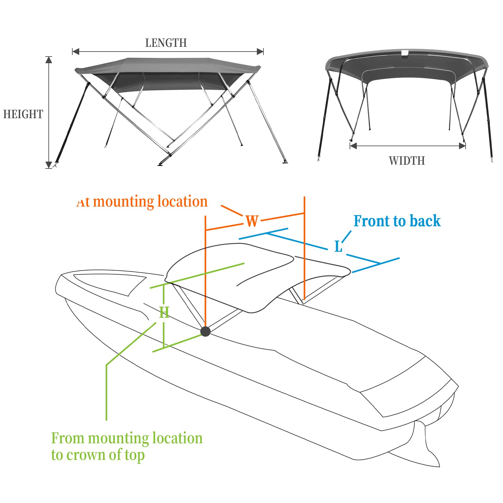 Garvee 4 Bow Bimini Top Boat Cover, 8' L x 54" H x 73"-78" W Boat Canopy with 1 Inch Aluminum Alloy Frame, Include 2 Straps, 2 Adjustable Rear Support Pole, Zippered Storage Boot, PU Coating Canvas