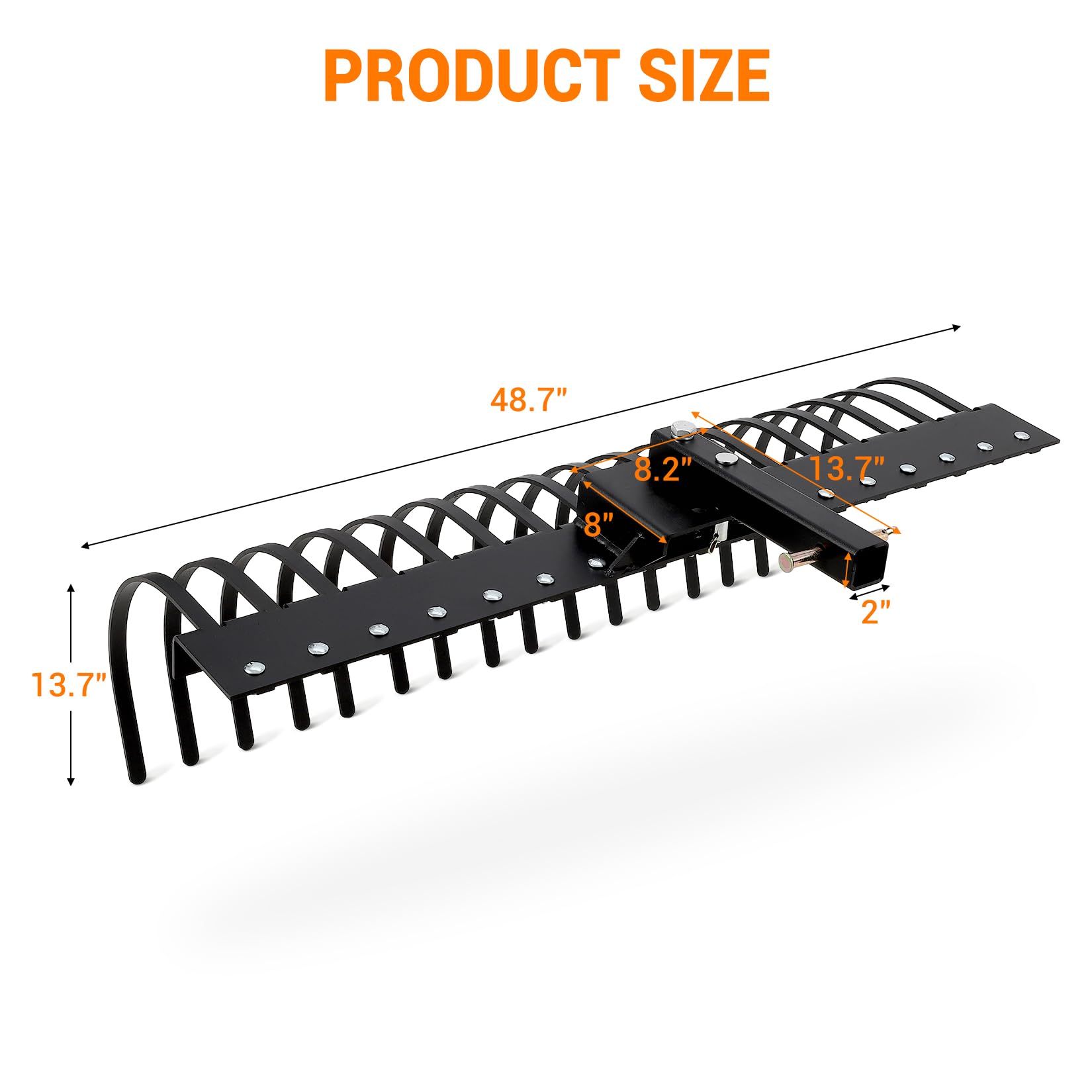 Garvee 49 Inch Landscape Rake Fits 2" Receiver for Tractor/ATV/UTV, Heavy Duty Rock Rake 17 Tines, Pine Straw Rake for Removal of Rock, Grass Clumps and Debris, Black