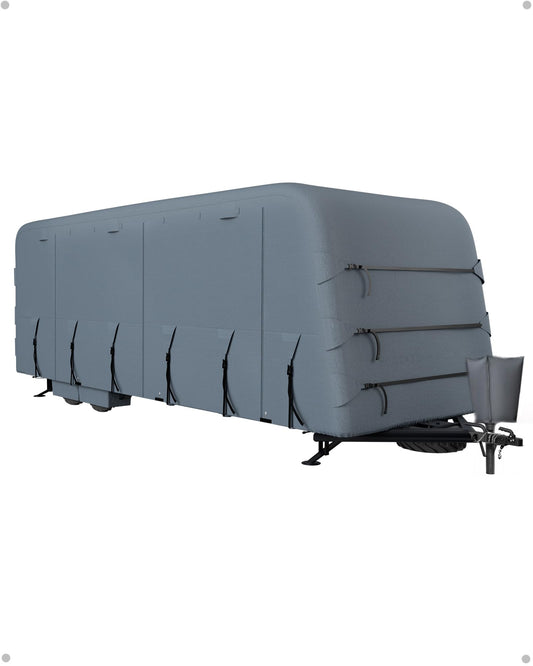 Garvee Travel Trailer Rv Cover, Windproof Camper Cover with Extra-Thick 6 Layers Anti-Uv Top Panel, Breathable, Water-Proof, Rip-Stop with 2Pcs Extra Straps & 4 Tire Covers, Fits 30'-33' Motorhome