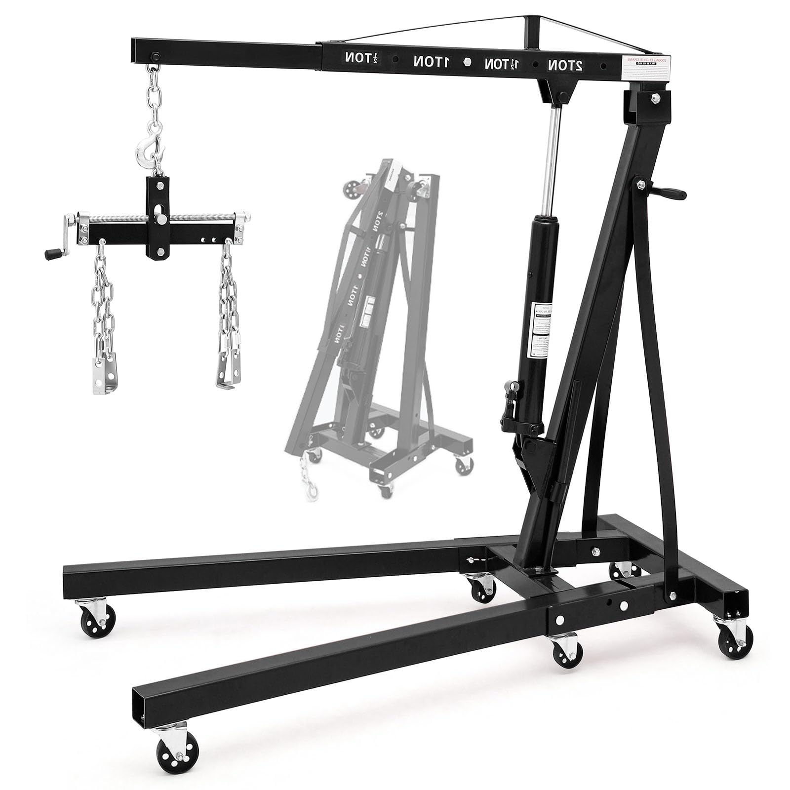 Garvee 2T Engine Hoist with Lever - 4400 lbs Heavy-Duty Folding Cherry Picker Hydraulic Tilting Shop Crane with 6 Iron Caster Wheels, Telescopic Boom, and Hitch, Black