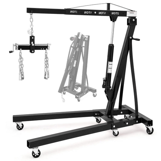 Garvee 2T Engine Hoist with Lever - 4400 lbs Heavy-Duty Folding Cherry Picker Hydraulic Tilting Shop Crane with 6 Iron Caster Wheels, Telescopic Boom, and Hitch, Black