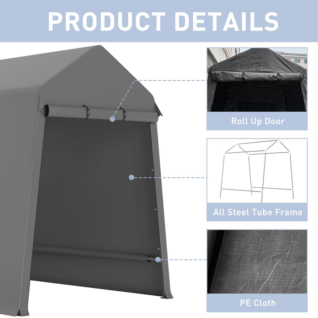 Garvee 7X12FT Heavy Duty Outdoor Shed,Portable Storage Shed,with 2 Rolled Up Zipper Doors,Vents Carports & Waterproof Cover Temporary Shelter for Motorcycle,Gardening Tools and Generator(Grey)