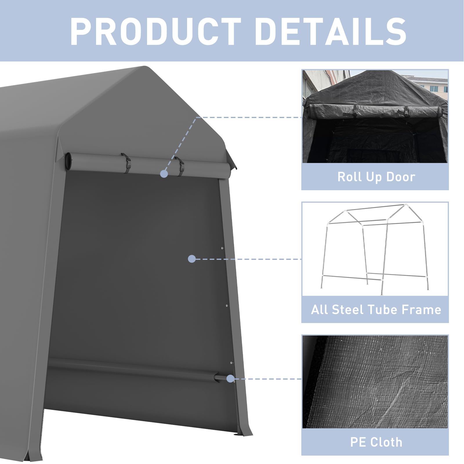 Garvee 7X12FT Heavy Duty Outdoor Shed,Portable Storage Shed,with 2 Rolled Up Zipper Doors,Vents Carports & Waterproof Cover Temporary Shelter for Motorcycle,Gardening Tools and Generator(Grey)